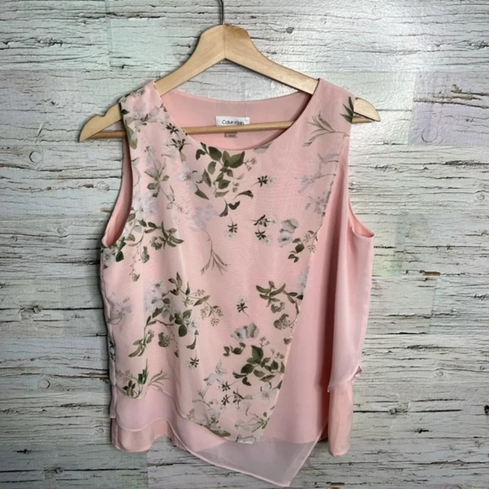 Calvin Klein  pink floral blouse top sleeveless size small